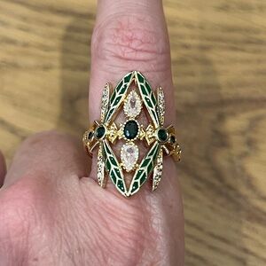 Vintage-Style Gold Tone Dragonfly‎ Ring Green Enamel and Crystal Accents Size 8